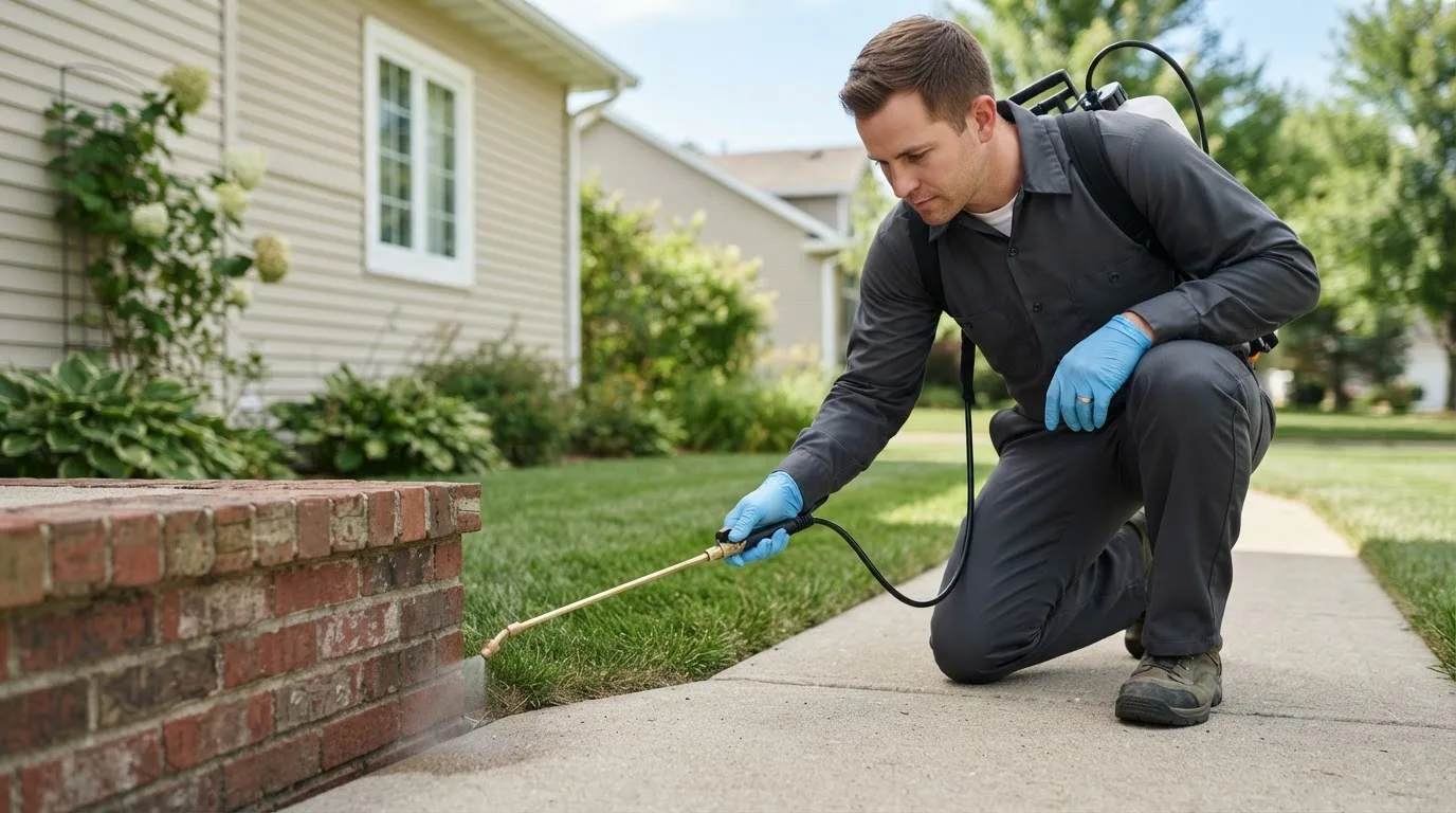 Pest control technician treating a home near Woodward, IA